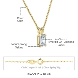 IGI Certified 1.50 Cttw Emerald Solitaire Lab Grown Diamond 4 Prong Pendant with 18 inch Gold Chain, 14K Solid Yellow Gold