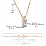 IGI Certified 1.50 Cttw Emerald Solitaire Lab Grown Diamond 4 Prong Pendant with 18 inch Gold Chain, 18K Solid Rose Gold