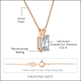 IGI Certified 2.50 Cttw Emerald Solitaire Lab Grown Diamond 4 Prong Pendant with 18 inch Gold Chain, 18K Solid Rose Gold