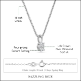 0.50 Cttw Oval Solitaire Lab Grown Diamond 4 Prong Pendant with 18 inch Silver Chain, 10K Solid White Gold