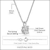 IGI Certified 3.00 Cttw Oval Solitaire Lab Grown Diamond 4 Prong Pendant with 18 inch Silver Chain, 925 Sterling Silver
