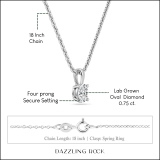 IGI Certified 0.75 Cttw Oval Solitaire Lab Grown Diamond 4 Prong Pendant with 18 inch Gold Chain, 10K Solid White Gold