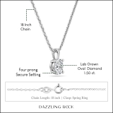 IGI Certified 1.50 Cttw Oval Solitaire Lab Grown Diamond 4 Prong Pendant with 18 inch Gold Chain, 10K Solid White Gold