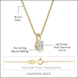 IGI Certified 1.00 Cttw Oval Solitaire Lab Grown Diamond 4 Prong Pendant with 18 inch Gold Chain, 14K Solid Yellow Gold