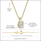 IGI Certified 3.00 Cttw Oval Solitaire Lab Grown Diamond 4 Prong Pendant with 18 inch Gold Chain, 14K Solid Yellow Gold