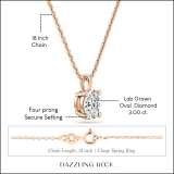 IGI Certified 3.00 Cttw Oval Solitaire Lab Grown Diamond 4 Prong Pendant with 18 inch Gold Chain, 18K Solid Rose Gold