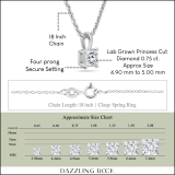 IGI Certified 0.75 Cttw Princess Lab Grown Diamond 4 Prong Solitaire Pendant with 18 inch Silver Chain, 10K White Gold
