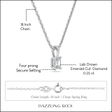 0.25 Cttw Emerald Cut Solitaire Lab Grown Diamond 4 Prong Pendant with 18 inch Silver Chain, 10K White Gold