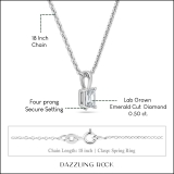0.50 Cttw Emerald Cut Solitaire Lab Grown Diamond 4 Prong Pendant with 18 inch Silver Chain, 10K White Gold