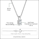 IGI Certified 1.00 Cttw Emerald Cut Solitaire Lab Grown Diamond 4 Prong Pendant with 18 inch Silver Chain, 925 Sterling Silver