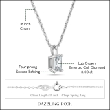 IGI Certified 3.00 Cttw Emerald Cut Solitaire Lab Grown Diamond 4 Prong Pendant with 18 inch Silver Chain, 925 Sterling Silver