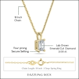 IGI Certified 3.00 Cttw Emerald Cut Solitaire Lab Grown Diamond 4 Prong Pendant with 18 inch Gold Chain, 14K Yellow Gold