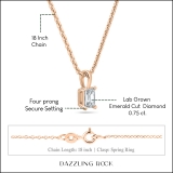 IGI Certified 0.75 Cttw Emerald Cut Solitaire Lab Grown Diamond 4 Prong Pendant with 18 inch Gold Chain, 18K Rose Gold