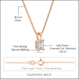 IGI Certified 1.50 Cttw Emerald Cut Solitaire Lab Grown Diamond 4 Prong Pendant with 18 inch Gold Chain, 18K Rose Gold
