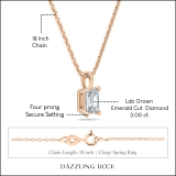 IGI Certified 3.00 Cttw Emerald Cut Solitaire Lab Grown Diamond 4 Prong Pendant with 18 inch Gold Chain, 18K Rose Gold