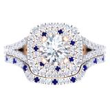 IGI CERTIFIED 6mm Round Lab Grown White Diamond & Created Blue Sapphire Double Halo Split Shank with Matching Band for Her in 18K Rose Gold