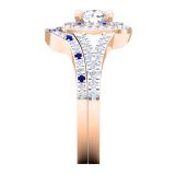 IGI CERTIFIED 6mm Round Lab Grown White Diamond & Created Blue Sapphire Double Halo Split Shank with Matching Band for Her in 18K Rose Gold