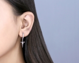 Round Cubic Zirconia Cross Dagger Unisex Hoop Earrings (0.48 ctw, Color White, Clarity Clean) in 925 Sterling Silver