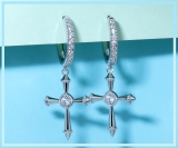 2.5mm Each Centre Round Cubic Zirconia Beaded Edge Dangle Cross Unisex Hinged Post Hoop Earrings (0.64 ctw, Color White, Clarity Clean) in 925 Sterling Silver
