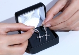 2.5mm Each Centre Round Cubic Zirconia Beaded Edge Dangle Cross Unisex Hinged Post Hoop Earrings (0.64 ctw, Color White, Clarity Clean) in 925 Sterling Silver