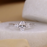 3 Stone Halo Engagement Ring for Women With 1.30 Ctw, Oval (0.80 ct Center) & Pear (0.35 ct) & Round (0.15 ct) Cubic zirconia in 925 Sterling Silver