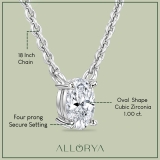 1.00 Ctw Oval Cubic Zirconia 4 Prong Solitaire Pendant with 18 inch Silver Chain, 925 Sterling Silver