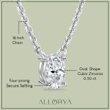 0.50 Ctw Oval Cubic Zirconia 4 Prong Solitaire Pendant with 18 inch Silver Chain, 925 Sterling Silver