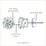 925 Sterling Silver 4 Prong Solitaire Stud Earrings, 0.25 CT Round Cubic Zirconia in Push Back