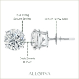 925 Sterling Silver 4 Prong Solitaire Stud Earrings, 0.75 CT Round Cubic Zirconia in Screw Back