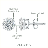 925 Sterling Silver 4 Prong Solitaire Stud Earrings, 1.50 CT Round Cubic Zirconia in Push Back