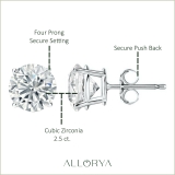 925 Sterling Silver 4 Prong Solitaire Stud Earrings, 2.50 CT Round Cubic Zirconia in Push Back