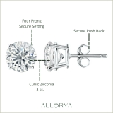 925 Sterling Silver 4 Prong Solitaire Stud Earrings, 3.00 CT Round Cubic Zirconia in Push Back