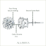 925 Sterling Silver 4 Prong Solitaire Stud Earrings, 3.00 CT Round Cubic Zirconia in Screw Back