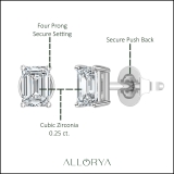 0.25 Ctw Emerald Cut Cubic Zironia Solitaire 4 Prong Stud Earrings, 925 Sterling Silver in Push Back