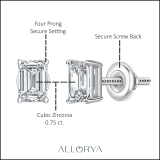 0.75 Ctw Emerald Cut Cubic Zironia Solitaire 4 Prong Stud Earrings, 925 Sterling Silver in Screw Back