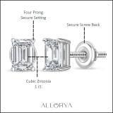1.00 Ctw Emerald Cut Cubic Zironia Solitaire 4 Prong Stud Earrings, 925 Sterling Silver in Screw Back