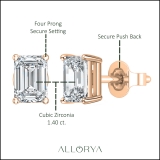 1.40 Ctw Emerald Cut Cubic Zironia Solitaire 4 Prong Stud Earrings, 925 Sterling Silver in Push Back