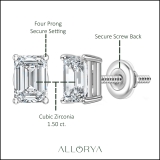 1.50 Ctw Emerald Cut Cubic Zironia Solitaire 4 Prong Stud Earrings, 925 Sterling Silver in Screw Back