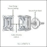 2.00 Ctw Emerald Cut Cubic Zironia Solitaire 4 Prong Stud Earrings, 925 Sterling Silver in Screw Back