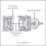 2.50 Ctw Emerald Cut Cubic Zironia Solitaire 4 Prong Stud Earrings, 925 Sterling Silver in Screw Back