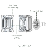 3.00 Ctw Emerald Cut Cubic Zironia Solitaire 4 Prong Stud Earrings, 925 Sterling Silver in Push Back