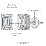 3.00 Ctw Emerald Cut Cubic Zironia Solitaire 4 Prong Stud Earrings, 925 Sterling Silver in Screw Back