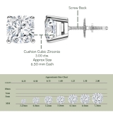 3.00 Ctw Cushion Cubic Zirconia 4 Prong Solitaire Stud Earrings for Women in 925 Sterling Silver in Screw Back