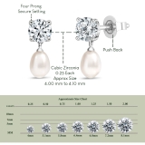 925 Sterling Silver Drop Earrings, 6x4mm Cultured Freshwater Pearl & 0.50 CTRound Cubic Zirconia in Push Back