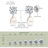 925 Sterling Silver Drop Earrings, 6x4mm Cultured Freshwater Pearl & 0.50 CT Round Cubic Zirconia in Screw Back