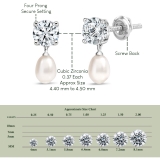 925 Sterling Silver Drop Earrings, 6x4mm Cultured Freshwater Pearl & 0.75 CT Round Cubic Zirconia in Screw Back