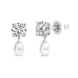925 Sterling Silver Drop Earrings, 6x4mm Cultured Freshwater Pearl & 1.00 CTRound Cubic Zirconia in Push Back