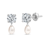 925 Sterling Silver Drop Earrings, 6x4mm Cultured Freshwater Pearl & 1.00 CT Round Cubic Zirconia in Screw Back