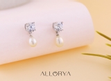 925 Sterling Silver Drop Earrings, 6x4mm Cultured Freshwater Pearl & 1.00 CT Round Cubic Zirconia in Screw Back