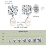 925 Sterling Silver Drop Earrings, 6x4mm Cultured Freshwater Pearl & 1.50 CTRound Cubic Zirconia in Push Back